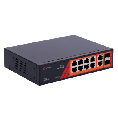 Comutador de rede Safire preto com 8 portas Ethernet e 2 portas adicionais.