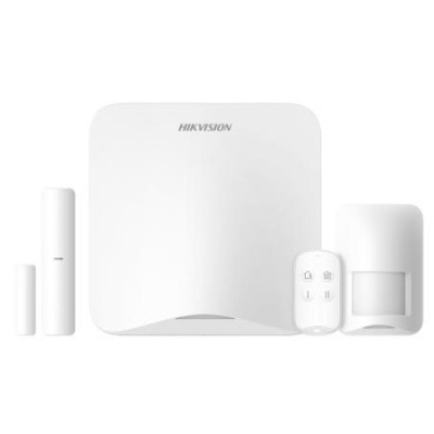 Conjunto de segurança Hikvision branco com sensor de movimento, controlo remoto e sensores magnéticos