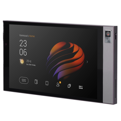 Tablet eletrónico preto com ecrã a cores e câmara no canto superior direito