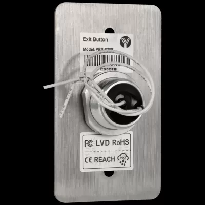 Botão de saída em metal com etiquetas e fios