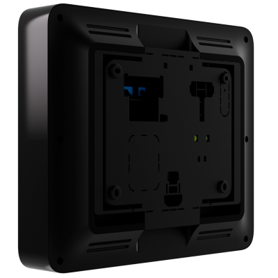 Dispositivo electrónico preto visto pela parte de trás com entradas e suportes.