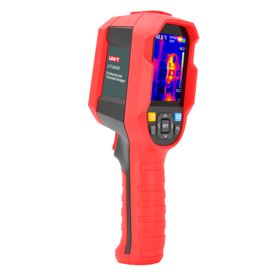 Termovisor profissional vermelho e preto da marca UNI-T com ecrã colorido mostrando imagem térmica