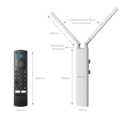 Dispositivo electrónico branco com duas antenas e comando remoto preto ao lado