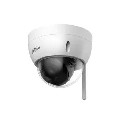 Câmara de vigilância dome branca com lente preta e antena lateral