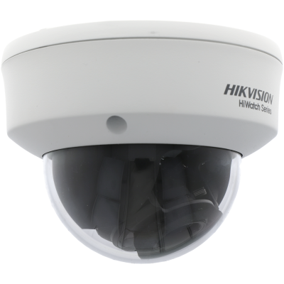 Câmara de segurança dome branca com cúpula transparente e marca HIKVISION na lateral