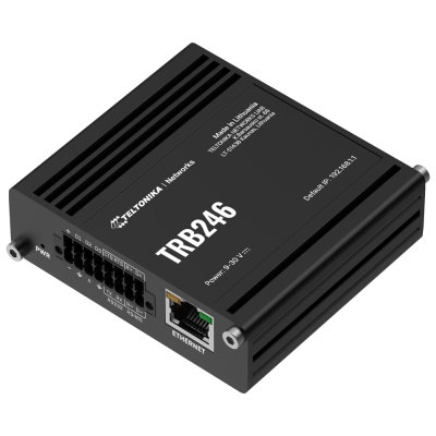 Dispositivo eletrônico preto Teltonika TRB246 com porta Ethernet e múltiplos conectores