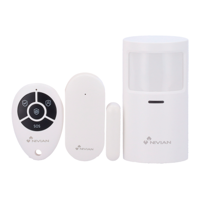 Conjunto de dispositivos de segurança branca da marca NIVIAN com controle remoto, sensores e detector de movimento.