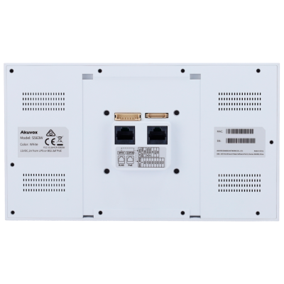 Painel traseiro do equipamento Akuvox S565W branco com portas RJ45 e etiquetas técnicas