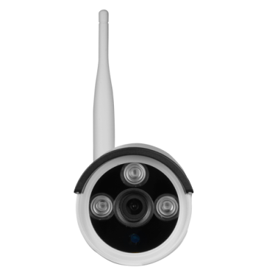 Câmara de segurança branca com antena e LEDs