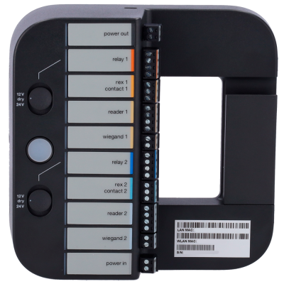 Módulo electrónico preto com etiquetas de funções e conectores