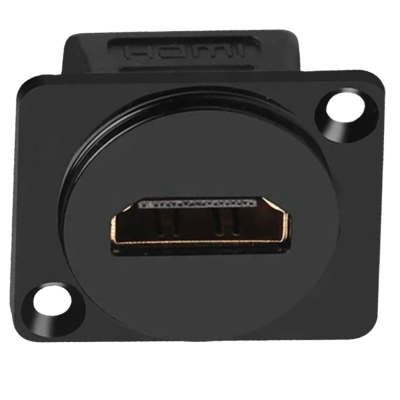 Conector HDMI fêmea de painel preto com duas aberturas para parafusos