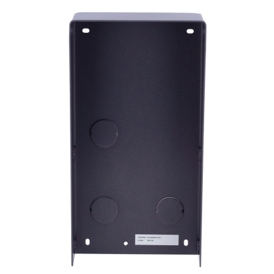 Gabinete metálico preto rectangular com círculos em relevo e etiqueta branca