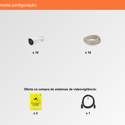 Componentes de sistema de videovigilância com câmeras, cabos, rato e placas de aviso.