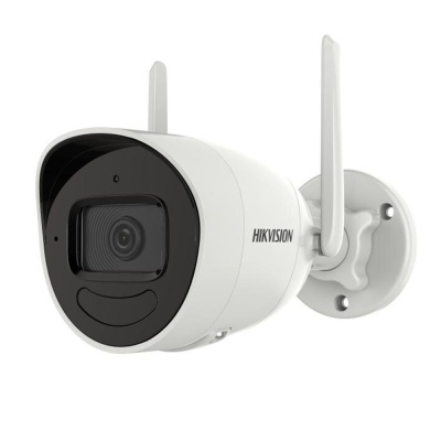 Câmara de segurança Hikvision branca com antenas e lente visível