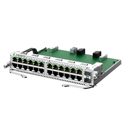 Módulo de rede com 16 portas Ethernet RJ45 e duas portas adicionais em placa eletrónica verde