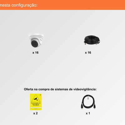 Componentes sistema videovigilância com câmaras dome, cabos, suportes, sinais e rato