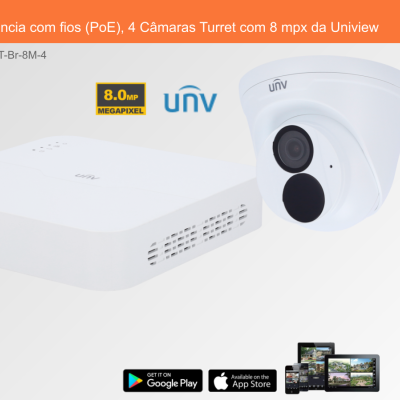 Sistema de videovigilância com fios com 4 câmaras tipo Turret e dispositivo branco
