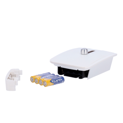 fechadura eletrónica branca com quatro pilhas AA e componente separado branco