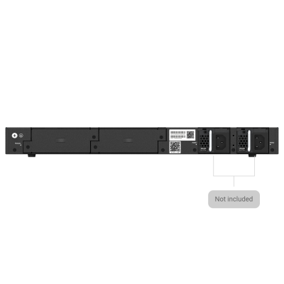 Parte traseira de hardware de rede preto com entradas de alimentação