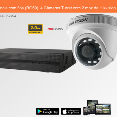 Sistema de videovigilância com 4 câmaras Turret brancas e unidade principal preta da Hikvision.