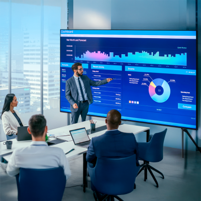 Reunião corporativa com apresentação de gráficos financeiros em ecrã digital grande