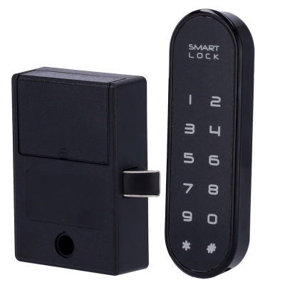 Fecho eletrónico preto com teclado numérico e texto SMART LOCK
