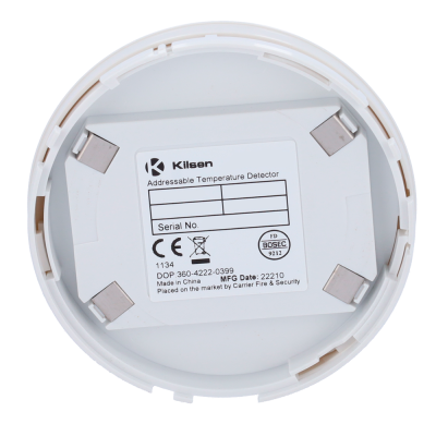 Parte inferior de detector de temperatura endereçável branco da Kilsen com etiqueta informativa