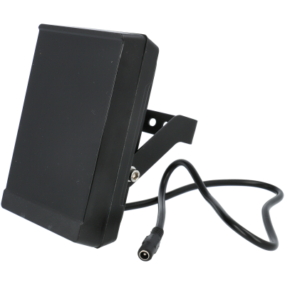 Projetor quadrado preto com suporte e cabo de alimentação