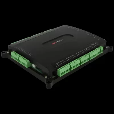 Dispositivo preto Hikvision com portas verdes para conexões e texto em branco e vermelho.