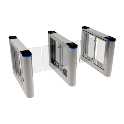 Torniquetes metálicos com painéis de vidro e indicadores LED
