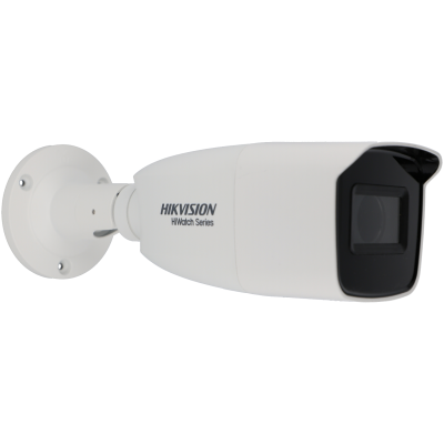 Câmara de vigilância branca HIKVISION HiWatch Series com lente preta e suporte de fixação