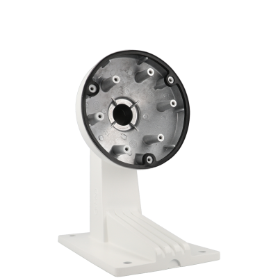 Suporte branco para câmara de videovigilância com base retangular e superfície circular metálica