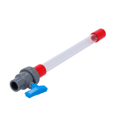 Tubo plástico transparente com válvula cinza e alavanca azul