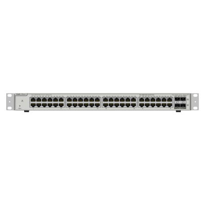 Switch de rede prateado com 48 portas Ethernet e 4 portas SFP