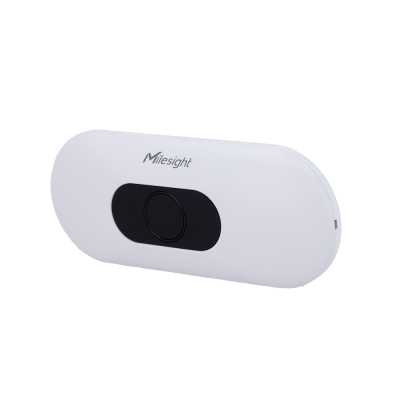 Dispositivo eletrónico branco com botão preto e a palavra Milesight
