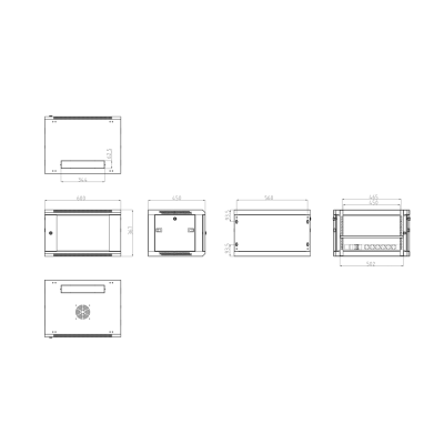 Desenho técnico de caixa de montagem retangular com dimensões e painéis
