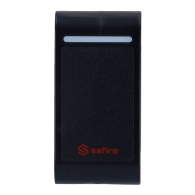 Dispositivo eletrónico preto com logótipo vermelho safire