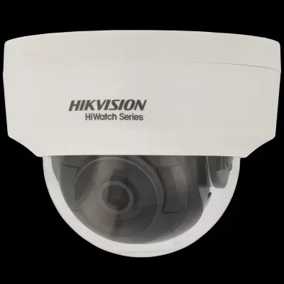 Câmara de vigilância em formato domo branca com lente preta e inscrição HIKVISION HiWatch Series