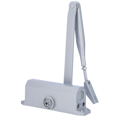 Fechadura hidráulica cinzenta com braço articulado em fundo branco