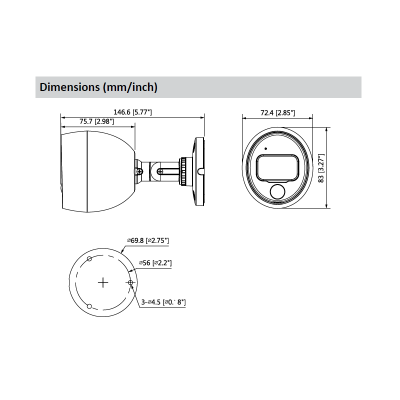 Desenho técnico com dimensões de uma câmara ou sensor em mm e polegadas