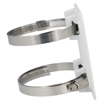 Suporte branco com duas abraçadeiras metálicas em aço inoxidável