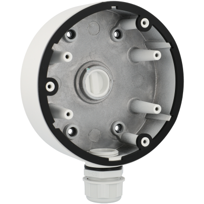 Caixa de montagem circular de metal e plástico cinzento e preto com parafusos e pinos