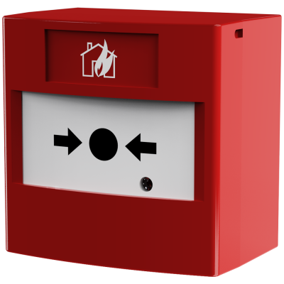 Dispositivo manual de alarme de incêndio vermelho com botão branco e setas pretas