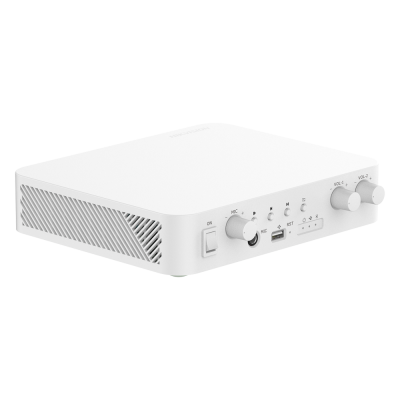 Equipamento eletrônico branco com botões e grelha lateral de ventilação