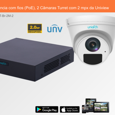 Kit de videovigilância com 2 câmaras Turret brancas e dispositivo preto, texto e logótipos num fundo laranja
