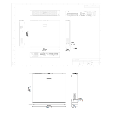 Desenho técnico de equipamento eletrónico com dimensões e múltiplas vistas