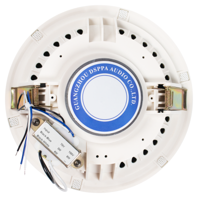 Coluna de teto branca redonda com fios expostos e componente electrónico.