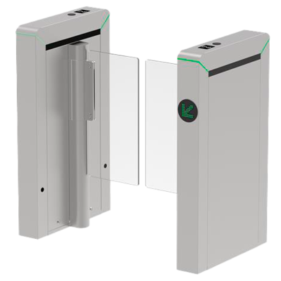 Portão de acesso metálico cinzento com portas de vidro