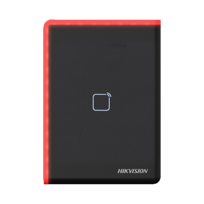 Leitor de cartão RFID preto HIKVISION com borda vermelha iluminada