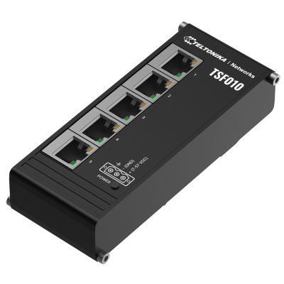 Dispositivo de rede preto Teltonika TSF610 com cinco portas Ethernet e LEDs